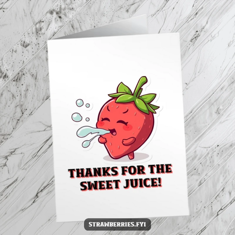 Funny free printable thank you card with a mischievous strawberry character playfully squirting juice as a delightful expression of thanks.