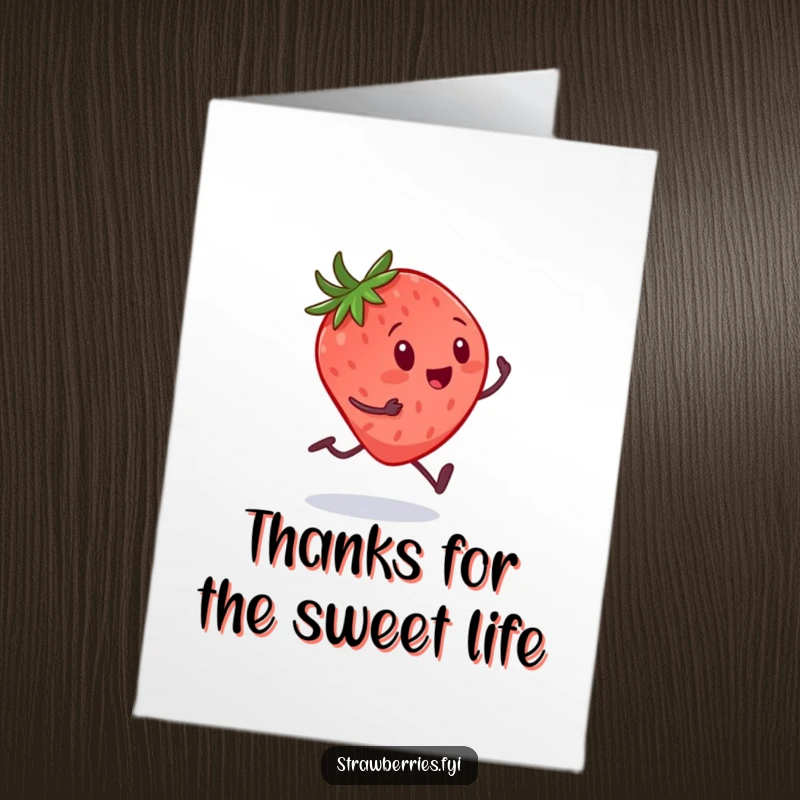 Funny Free Printable Thank You Card: A tiny strawberry with legs sprints eagerly towards a massive spoon, signaling thanks.