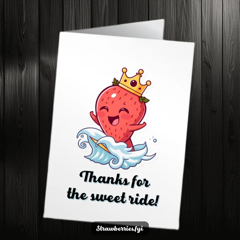 Funny Free Printable Thank You Card: Laughing strawberry in a crown rides a fruit wave, conveying thanks with glee.