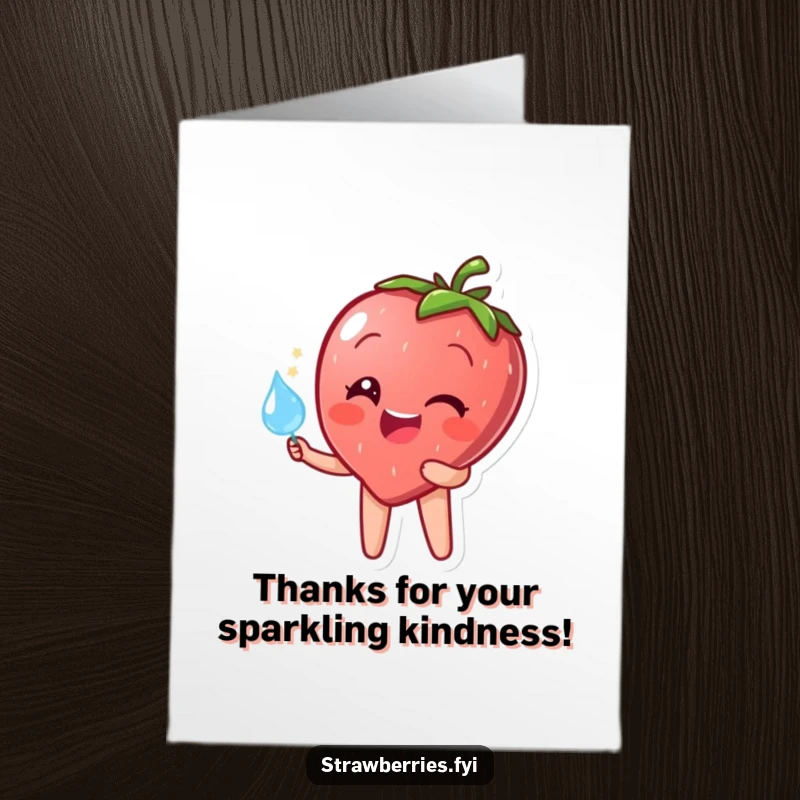 Funny Free Printable Thank You Card: A smiling strawberry character holding a perfectly round, sparkling dewdrop, expressing heartfelt thanks.