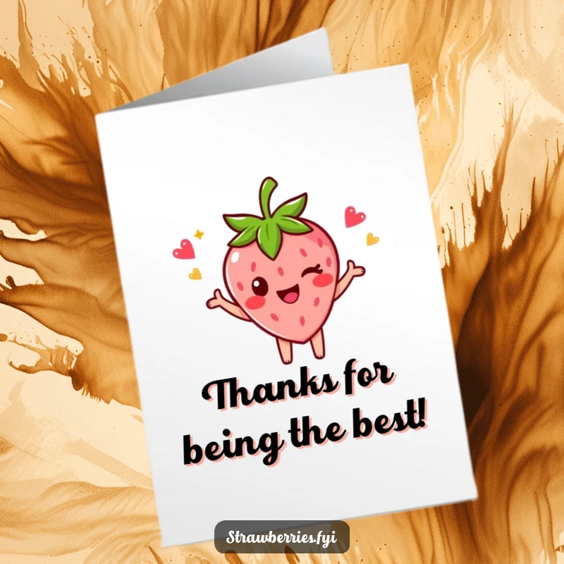 Funny free printable thank you card of a strawberry character striking a celebratory pose and offering a knowing wink.