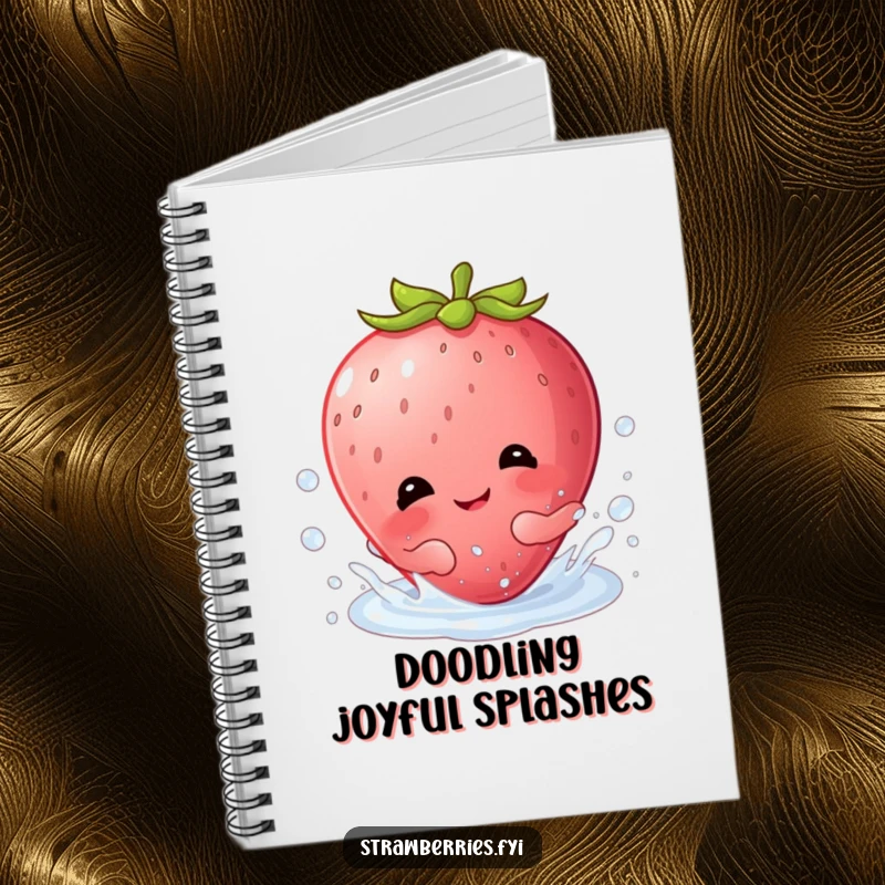 Funny notebook cover with a happy Kawaii strawberry character giggling and splashing joyfully in a dewdrop.