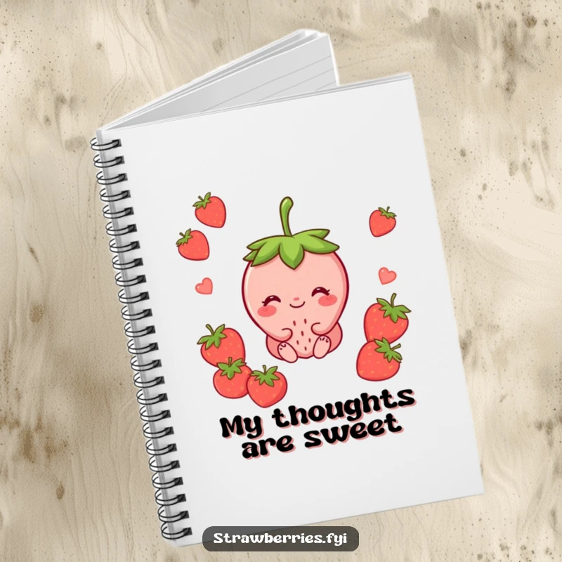 Funny notebook cover with a serene strawberry character smiling peacefully, ideal for jotting down calm thoughts.