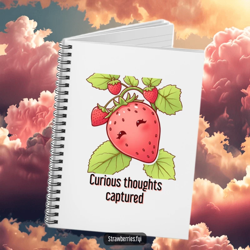 Funny notebook cover with a curious strawberry peeking out from a vine, encouraging thoughtful note-taking.