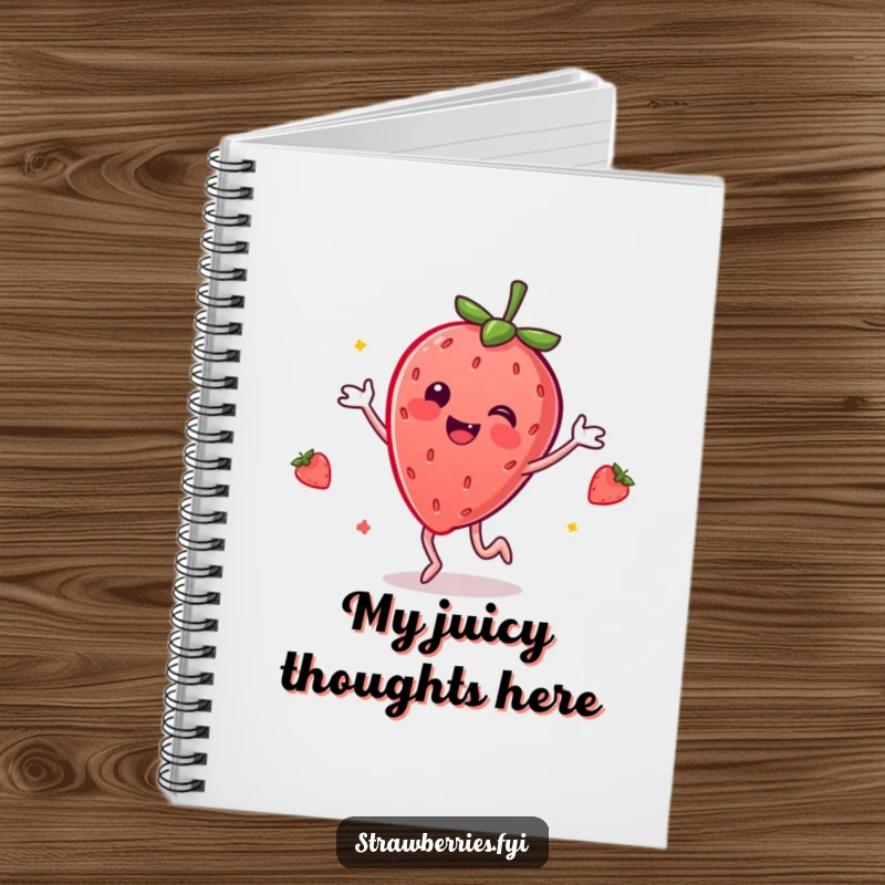 Funny notebook showcasing a happy anthropomorphic strawberry mid-dance, inspiring creativity and joyful note-taking.
