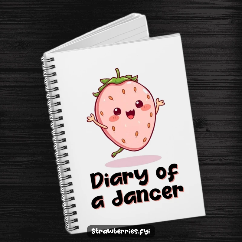 Funny Notebook: Features a kawaii strawberry character in a silly dance, seeds wobbling, perfect for capturing inspired thoughts.