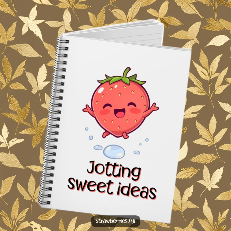 Funny notebook with a joyous kawaii strawberry character leaping playfully over a dewdrop, perfect for jotting down sweet and happy thoughts.