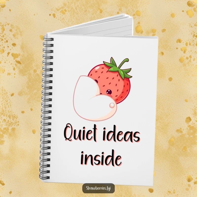Funny notebook featuring a shy strawberry peeking from behind a petal, perfect for capturing gentle thoughts with a sweet touch.