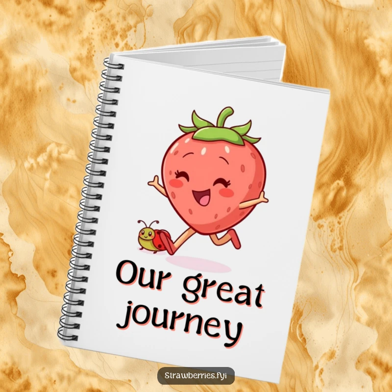 Funny skipping strawberry notebook featuring a jovial character and ladybug companion joyfully skipping, perfect for jotting down cheerful ideas humorously.