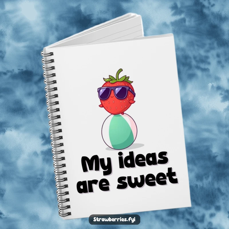 Funny strawberry wearing sunglasses balancing on a beach ball, a humorous notebook for jotting down ideas.