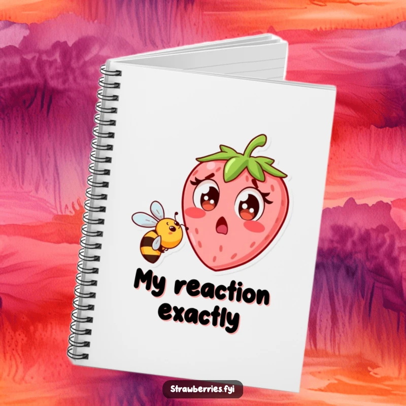Funny strawberry character's surprised expression as a bee flies near, ruled notebook for notes and journaling.
