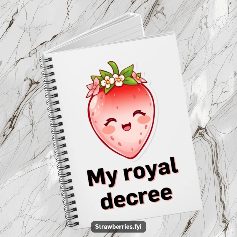 Funny strawberry notebook featuring a delighted character wearing a tiny flower petal crown, perfect for jotting down sweet ideas humorously.
