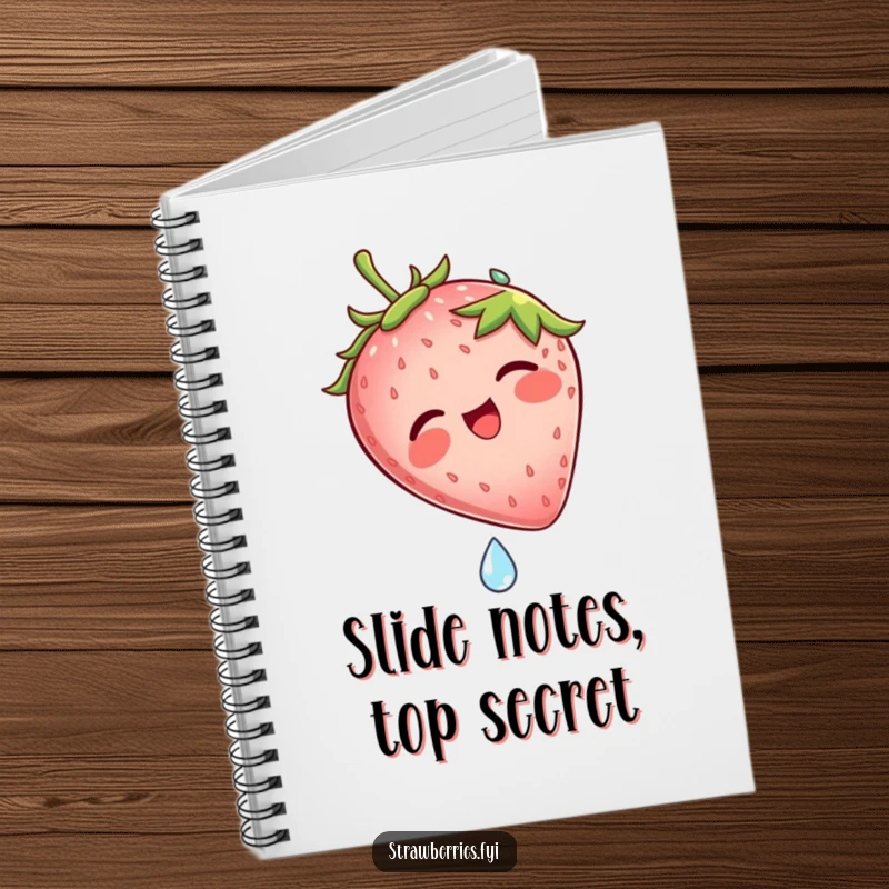 Funny notebook cover featuring a laughing strawberry character sliding down a dew drop, inspiring fun and creativity.