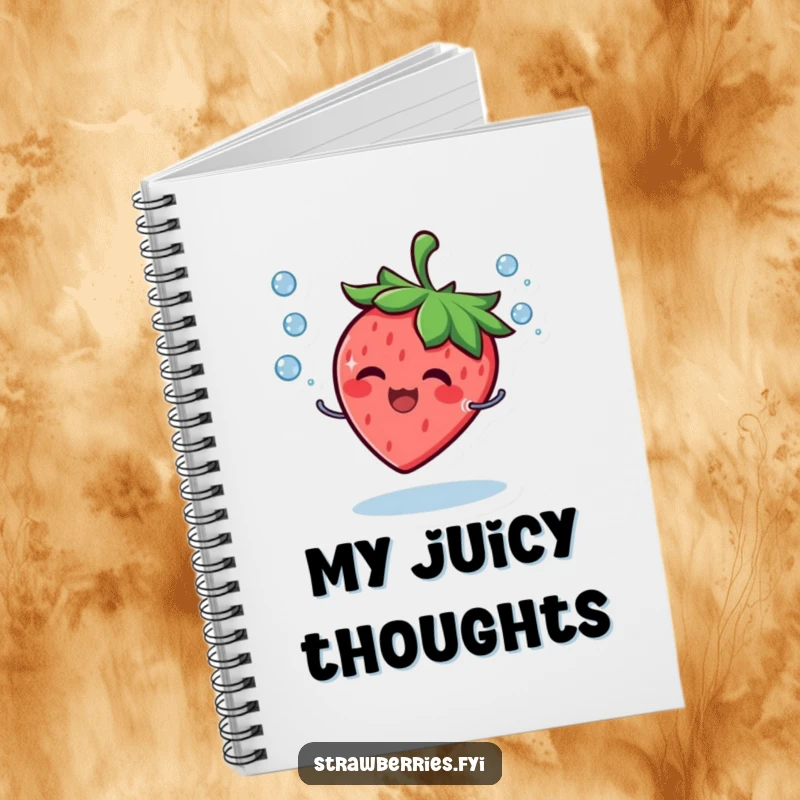Funny Notebook with a giggling strawberry character happily juggling small water droplets, wide smile on its face.