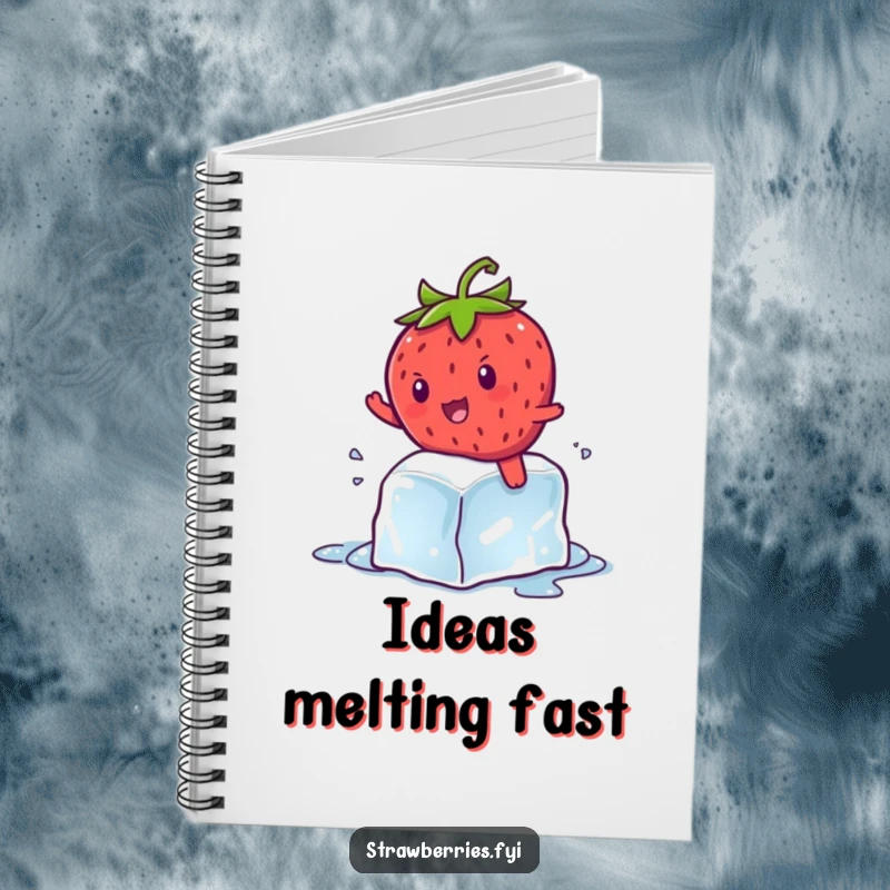 Funny kawaii strawberry character hilariously balancing on a melting ice cube, a whimsical notebook cover.