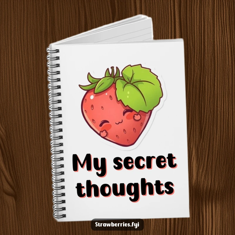 Funny notebook with a strawberry character playfully hiding behind a leaf, ideal for jotting down notes with a humorous surprise.