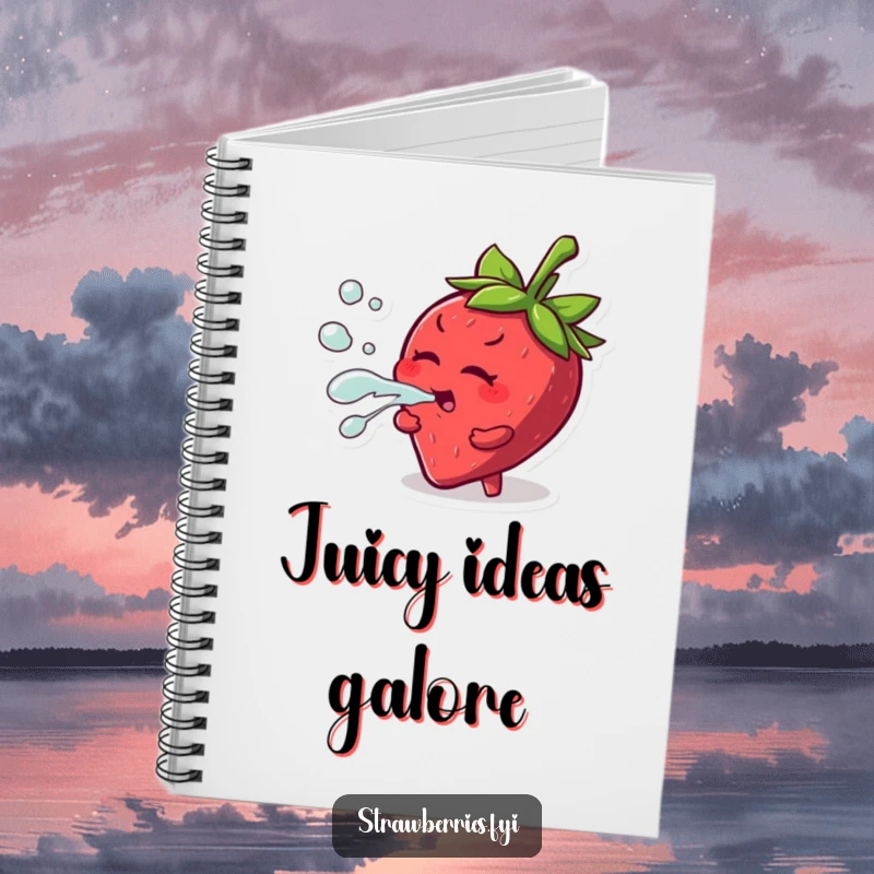 Funny notebook with a mischievous strawberry character playfully squirting juice, perfect for jotting down fun notes.