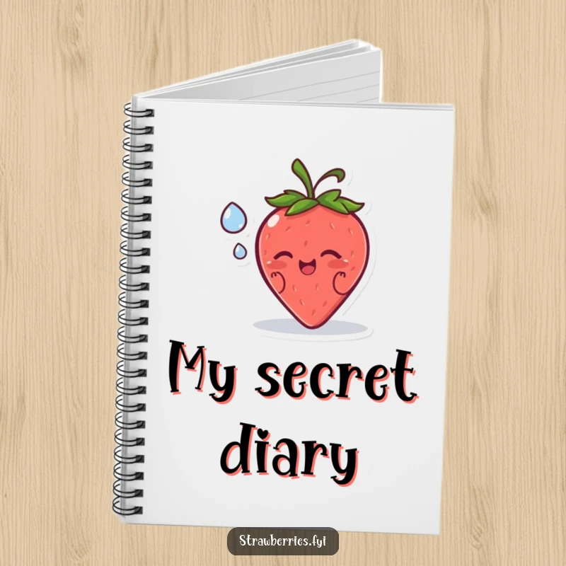 Funny notebook featuring a happy strawberry character sharing a secret with a dewdrop, inspiring notes with its humorous design.