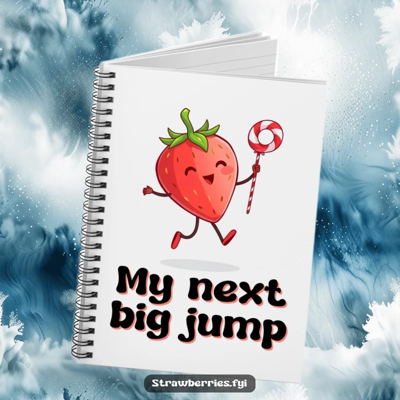 Funny notebook illustrated with a strawberry character with tiny legs skipping rope with a licorice string, ideal for jotting down funny thoughts.