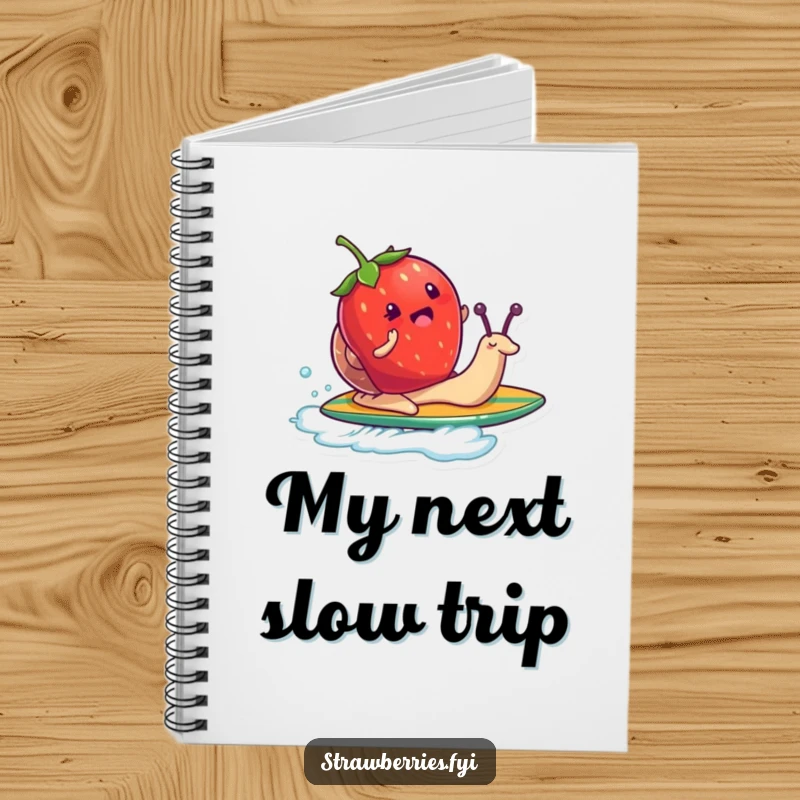 Funny notebook illustrated with a strawberry character surfing on a snail like a surfboard, ideal for jotting down humorous thoughts.