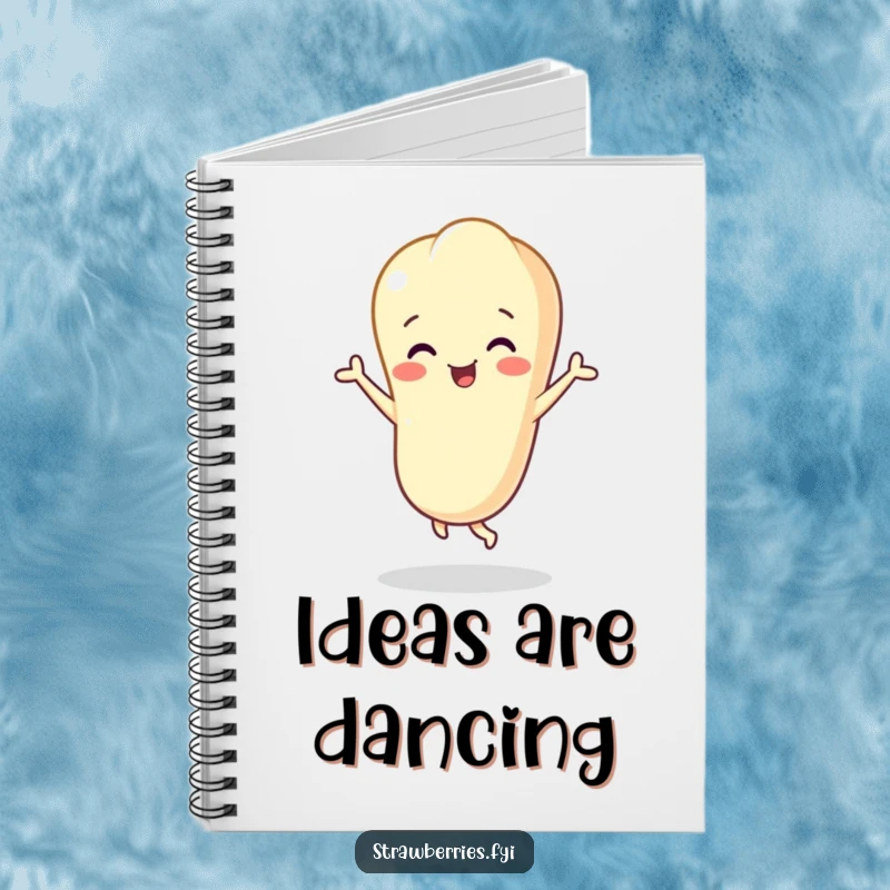 Funny vanilla bean character dancing joyfully, lined notebook for writing and sketching creative ideas.