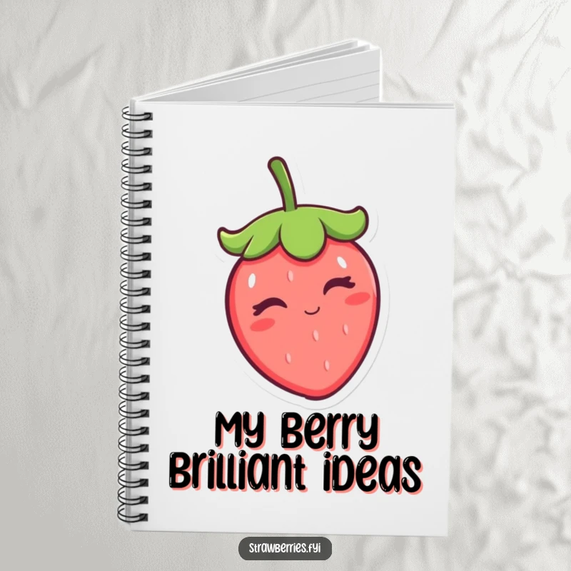 Funny winking kawaii strawberry character tipping its hat, gracing the cover of a lined notebook for jotting down funny thoughts and ideas.