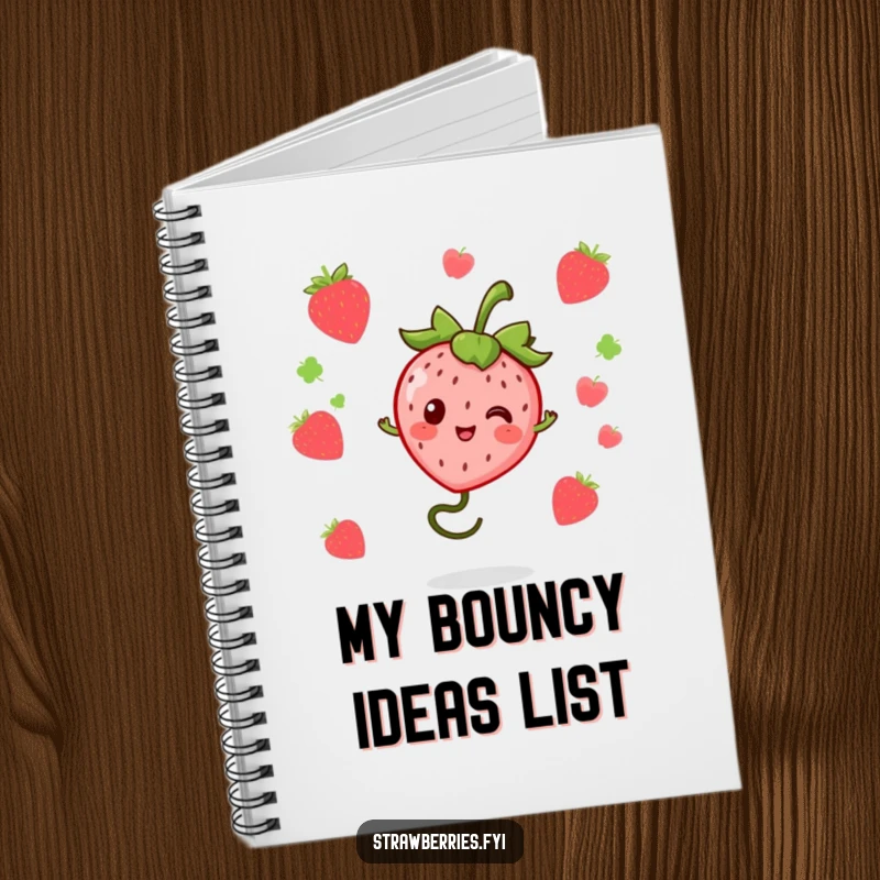 Funny kawaii strawberry character bouncing on a springy stem, gracing the cover of a lined notebook for jotting down energetic thoughts and funny ideas.