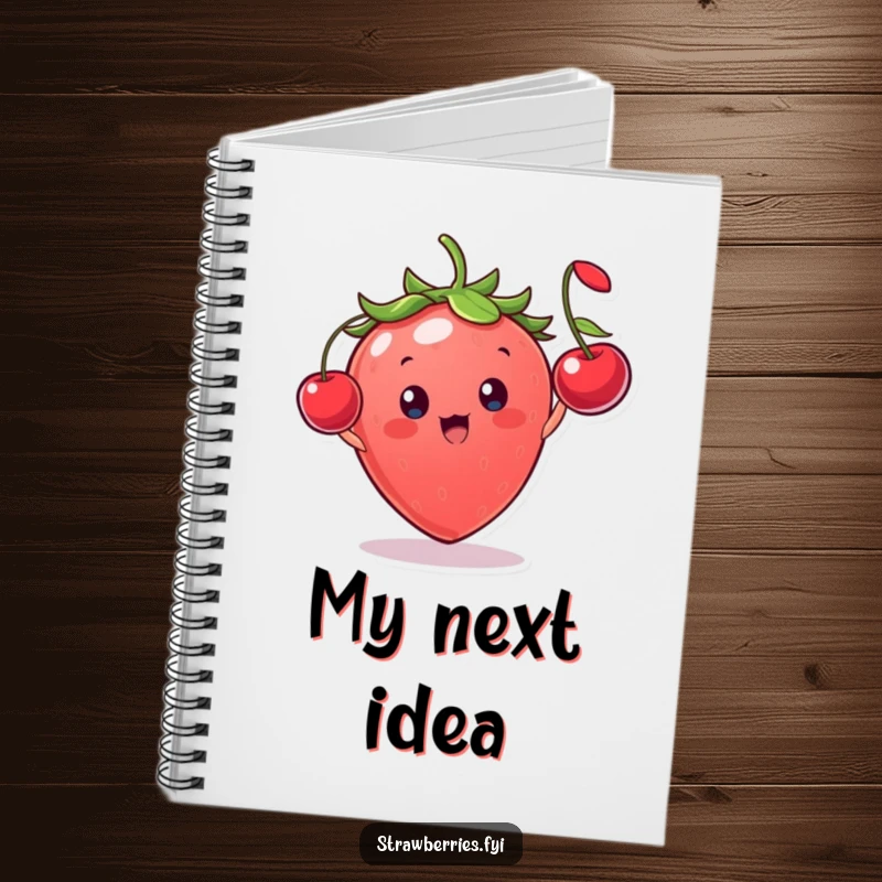 Funny strawberry character with a gleeful expression, tossing a tiny cherry, a whimsical and practical notebook.
