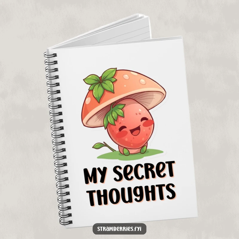 Funny notebook featuring a giggling strawberry character under a mushroom, inspiring notes and giggles with its humorous design.