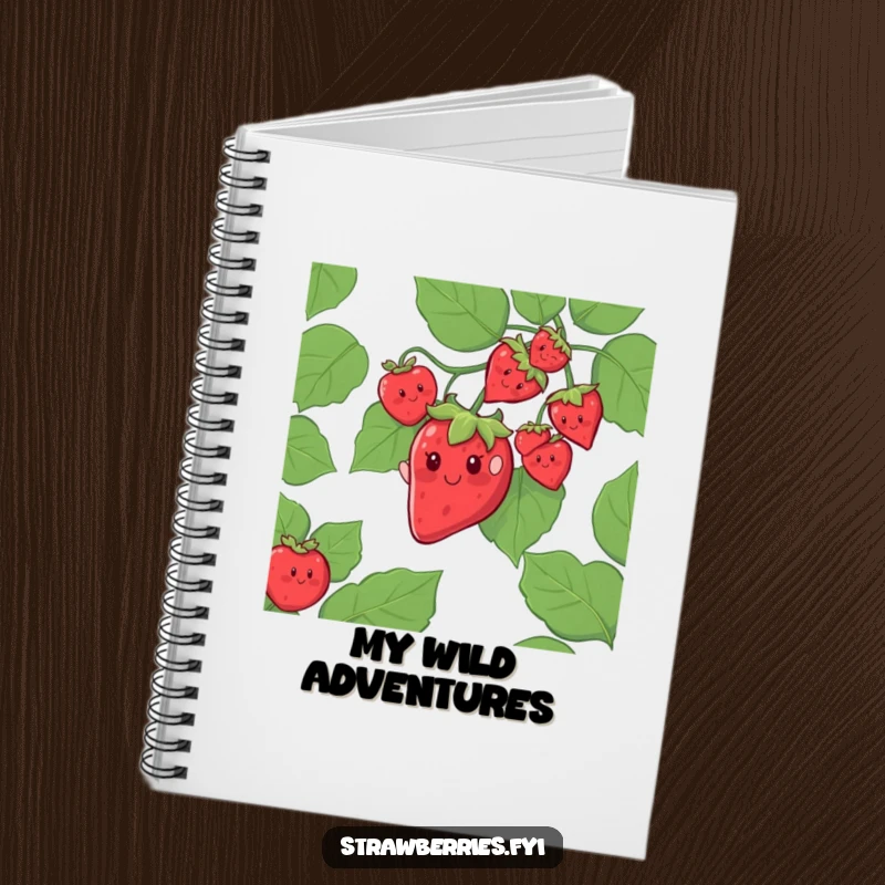 Funny notebook featuring a cheerful strawberry character sliding down a giant leafy vine, perfect for adventurous note-taking.