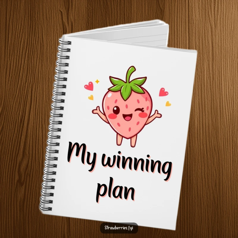 Funny notebook with a strawberry character in a celebratory pose and winking, perfect for jotting down winning ideas.