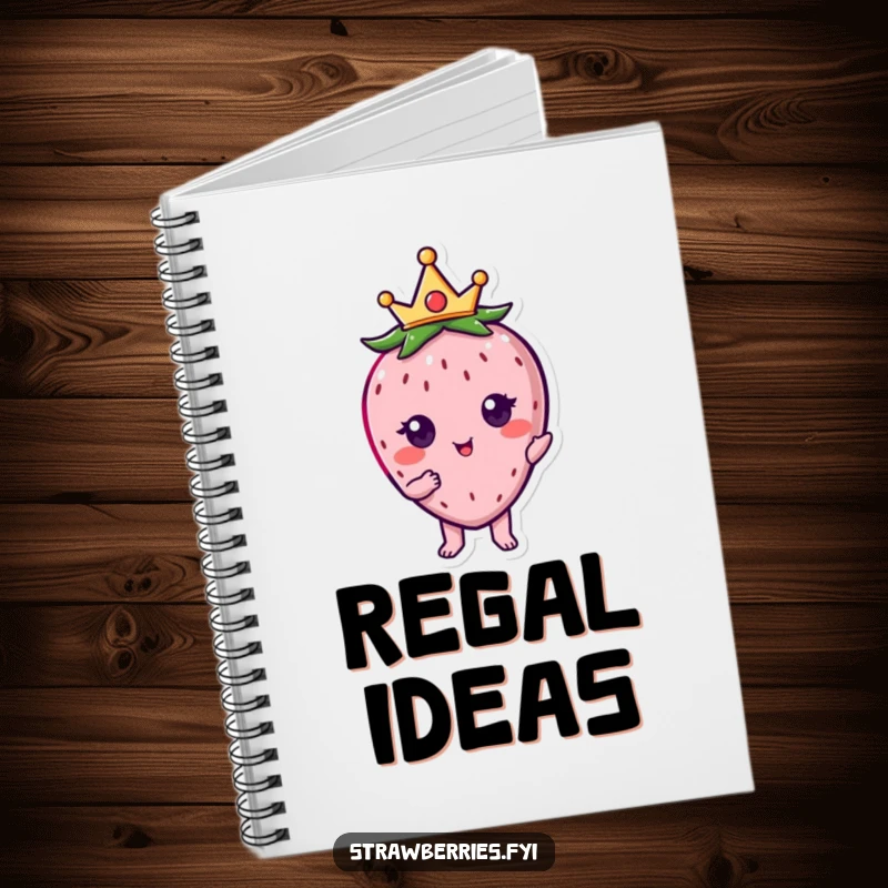 Funny kawaii strawberry character wearing a small crown, posing proudly on this regal notebook.