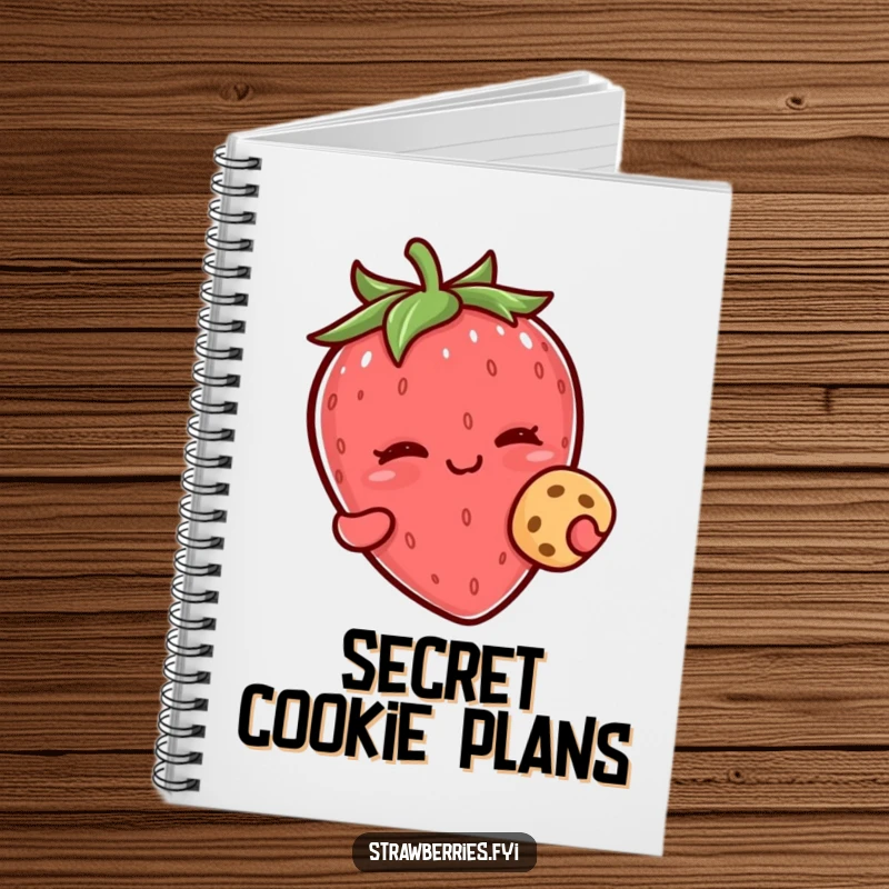 Funny kawaii strawberry character winking while holding a tiny cookie on this cheerful notebook.