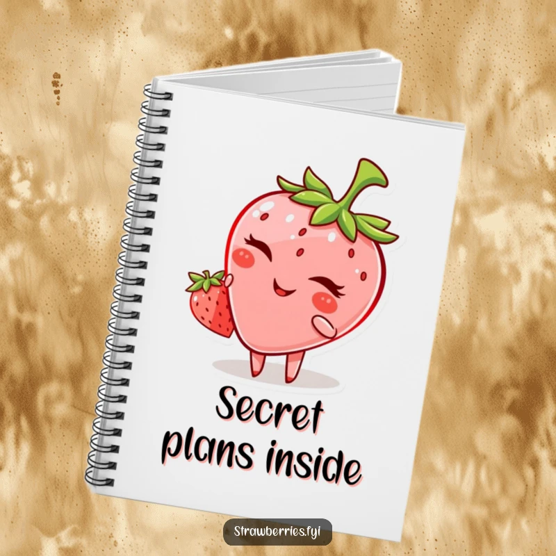 Funny notebook featuring a mischievous anthropomorphic strawberry winking, inspiring playful note-taking and creativity.