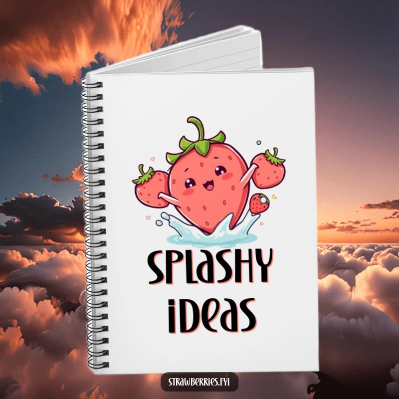 Funny kawaii strawberry character performing a playful splash on this cheerful notebook.