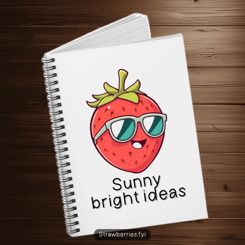 Funny notebook with a giggling strawberry character in tiny sunglasses, ideal for note-taking with a humorous twist.
