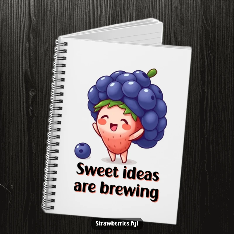 Funny notebook cover with a tiny strawberry character wearing a large blueberry as a hat, inspiring humorous note-taking.
