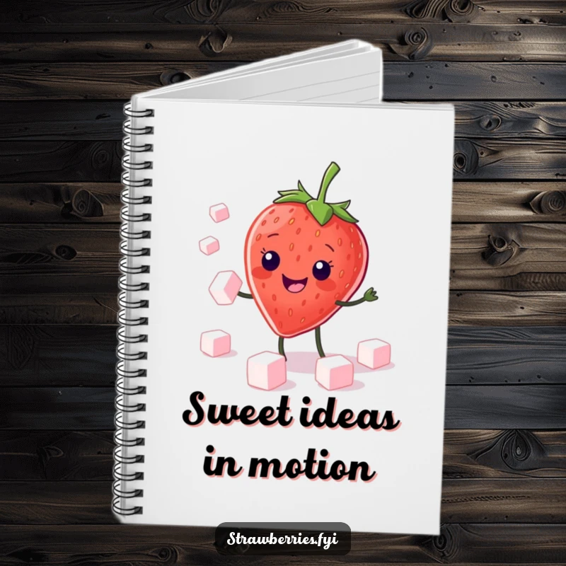 Funny Notebook: Features a grinning kawaii strawberry character juggling sugar cubes, ideal for jotting down sweet thoughts.