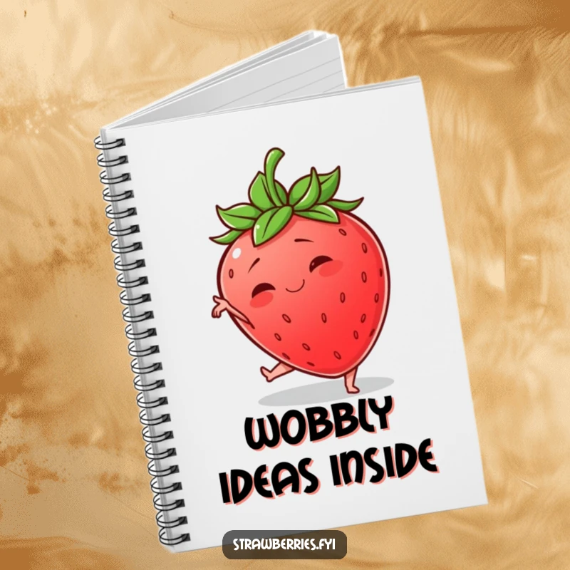 Funny notebook with a wobbly anthropomorphic strawberry hilariously attempting a graceful yoga pose, inspiring humorous note-taking.