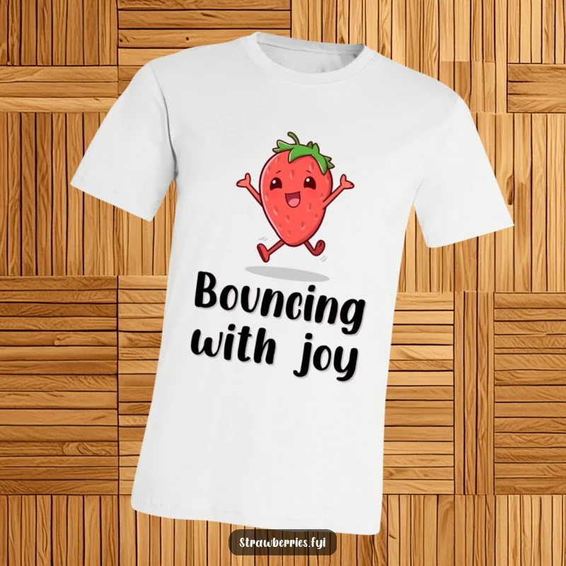 Funny t-shirt featuring a delighted strawberry character doing little excited hops, showcasing boundless energy and happiness.
