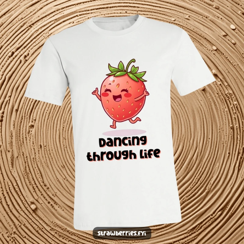 Funny t-shirt featuring a cheerful strawberry mid-dance on a leaf, capturing a moment of pure, unadulterated glee.