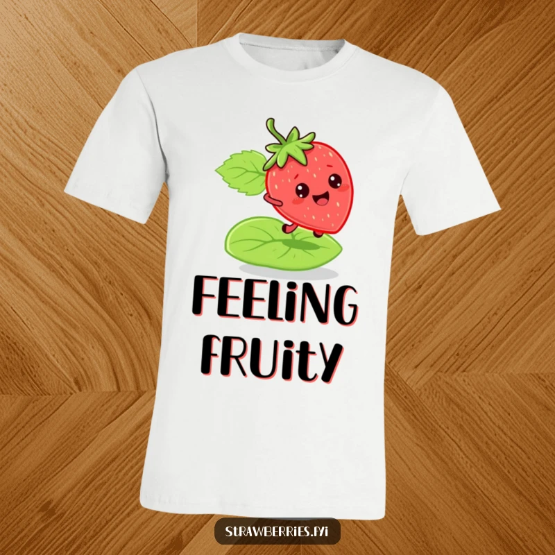 Funny bouncy strawberry t-shirt featuring a character joyfully bouncing on a soft green leaf, conveying active fun and humor.