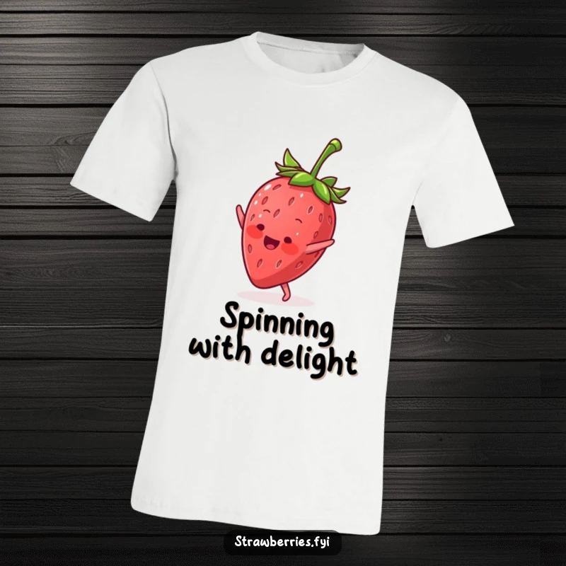 Funny t-shirt featuring an animated anthropomorphic strawberry mid-cartwheel, full of playful energy and cheer.
