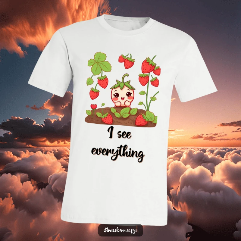 Funny Curious Strawberry T-Shirt: A strawberry peeking from a garden, inviting smiles with its shy humor.