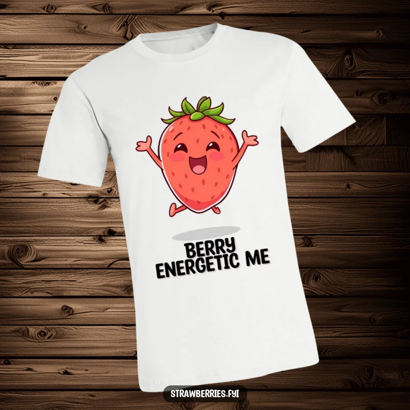 Funny t-shirt showcasing an excited strawberry performing a jumping jack, embodying vibrant energy and cheerful enthusiasm.
