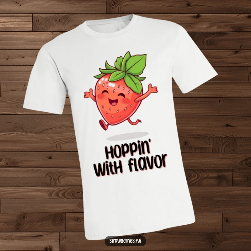 Funny t-shirt depicting a happy strawberry character with a leafy crown, captured mid-joyful hop, exuding sweetness and cheer.
