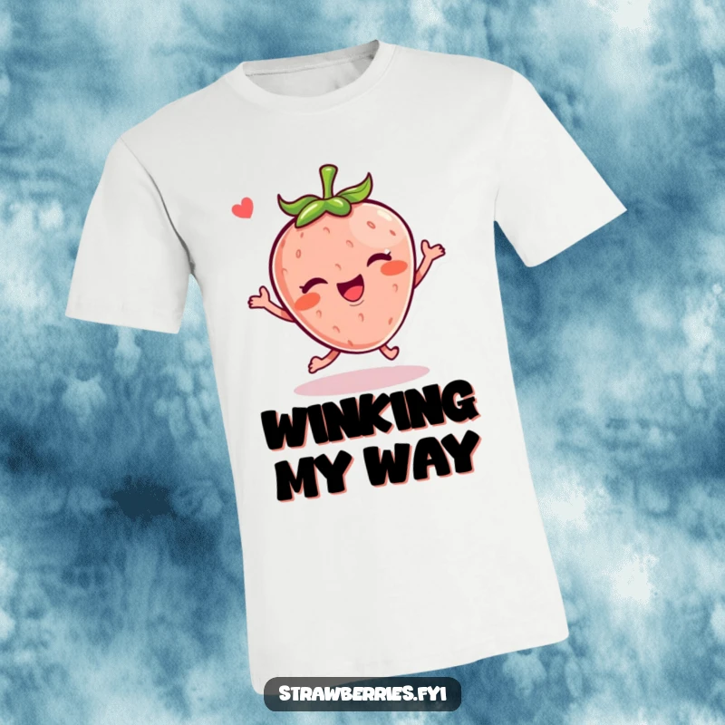 Funny Kawaii strawberry character in a joyful hop with a wink on a vibrant T-shirt, exuding playfulness.