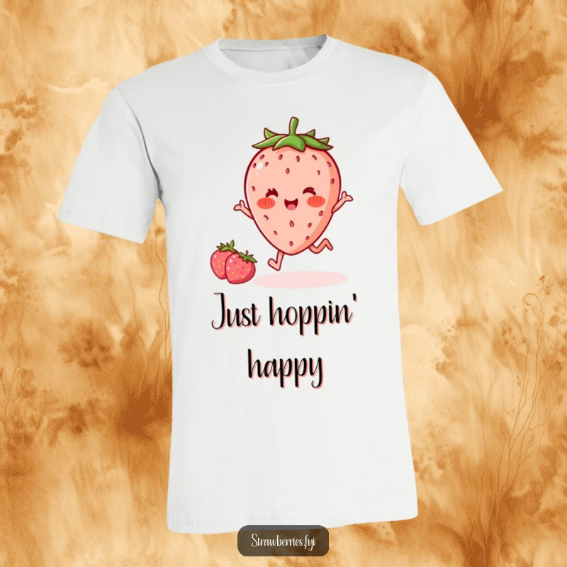 Funny delighted kawaii strawberry character with rosy cheeks doing a little jump, featured on a comfortable and fun t-shirt.
