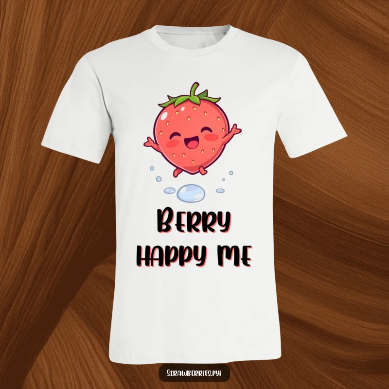 Funny t-shirt depicting a joyous kawaii strawberry character leaping energetically over a dewdrop, radiating cuteness and fun.