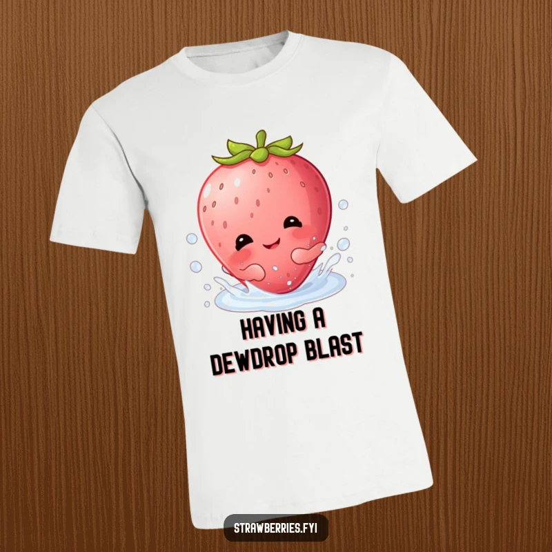 Funny t-shirt graphic of a cheerful Kawaii strawberry character gleefully giggling and splashing in a large water droplet.